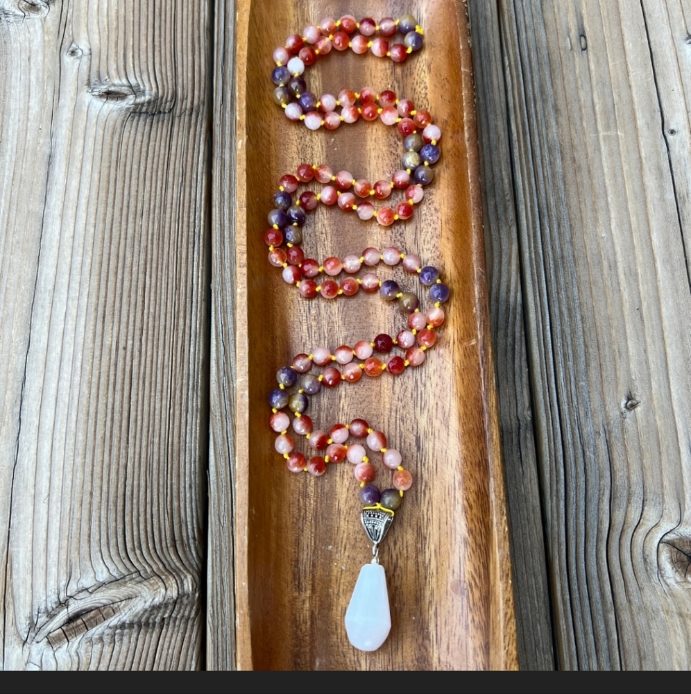 Selenite Mala Necklace - Carnelian & Purple/Yellow Jade Beads. Hand Knotted